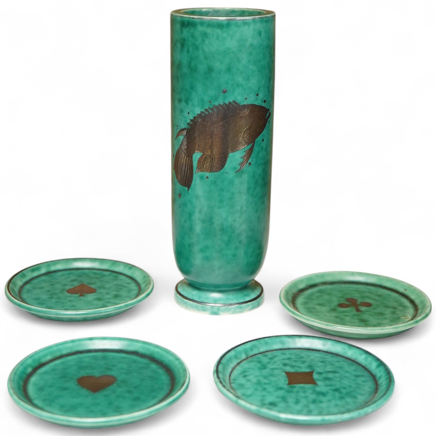 A Gustavsbery Argenta ware vase, number 1029 and four pin dishes, number 924, vase 18cm